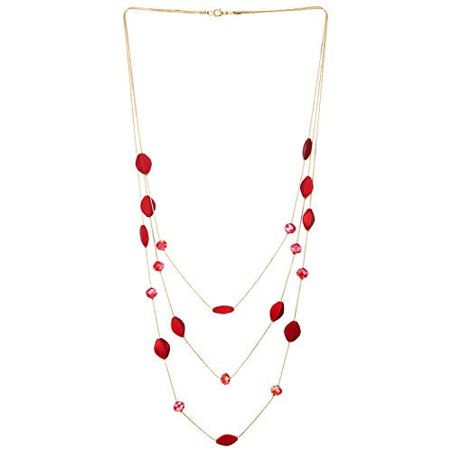 COOLSTEELANDBEYOND Gold Statement Halskette Drei Stränge Lange Kette mit Rot Kristall und Matte Rot Irregulär Ovalen Wulst