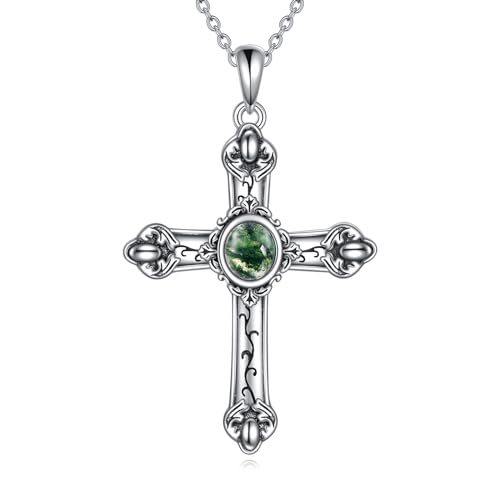 YAFEINI Kreuz Kette für Damen 925 Sterling Silber Kreuz Moosachat Anhänger Halskette Moosachat Kruzifix Schmuck Geschenk für Damen Mädchen (12-Kreuz Moosachat)