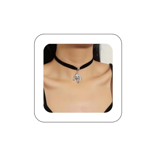 Yienate Punk Schwarzer Samt Choker Halskette Vintage Silber Pferdekopf Anhänger Halskette Schwarzes Wildleder Seil Kette Choker Gothic Statement Kentucky Derby Halskette Charm Schmuck Für Frauen