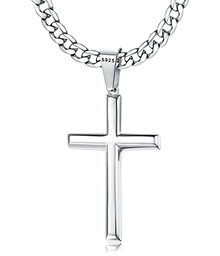 Chriscoco Kreuz Kette für Herren Damen 925 Sterling Silber Kreuz Anhänger mit Edelstahl Kubanische Kette Halskette 5MM Breit Silber Kette für Herren-51CM