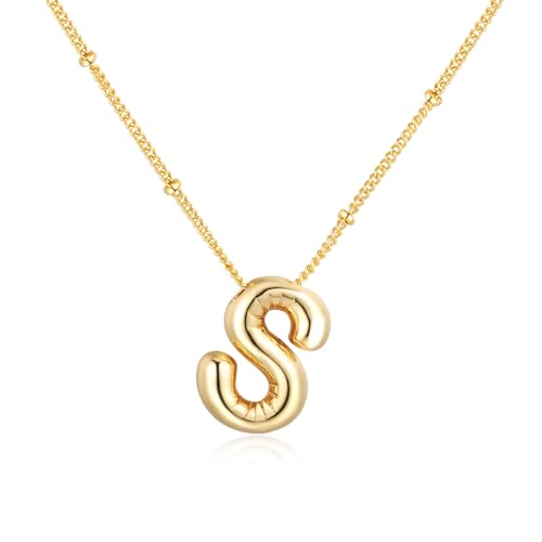 Softfree Gold Silber Kette mit Buchstaben Anhänger Damen Balloon Initialen Halskette 14 Karat Vergoldet Namenskette Personalisiert Dick Buchstabenkette Schmuck Geschenke für Frauen Mädchen (Gold S)