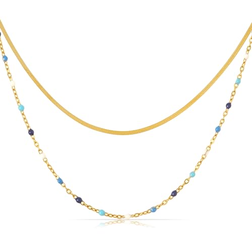 Made by Nami Doppelreihige Choker Kette Damen Gold in Schlangendesign und mit Perlen Robuster Karabiner Verschluss Boho Schmuck Geschenk für Sie 40 + 5 cm Länge