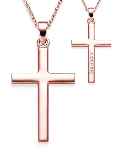 Amoonic Kreuz Kette Mädchen Rosegold (Silber 925 vergoldet) | Kreuz-Anhänger Halskette | Kinder-Schmuck Erst-Kommunion Tauf-Geschenk Konfirmation Firmung Geburt Taufe | Goldkette Kreuzkette Taufkette