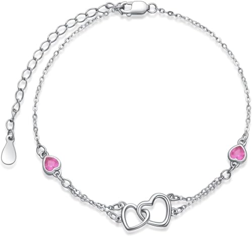 Shusukue Frauen Olivgrün Fußkettchen 925 Sterling Silber Doppelherz Fußkettchen Olivgrün Zart Strand Schmuck Freundschaft Herz Kette Oktober Geburtstag Stein Geschenk für Freundin Beste Freundin