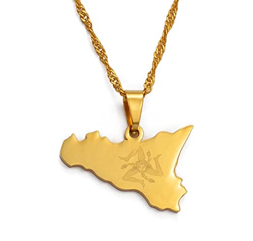 MTCDBD Italien-Sizilien-Karte Halskette Für Unisex-Schmuck, Italienischer Sicilia-Anhänger, Partykleid, Accessoires, Ethno-Stil, Patriotisches Symbol, Halskette, Geschenk, Gold, 45 cm Kette