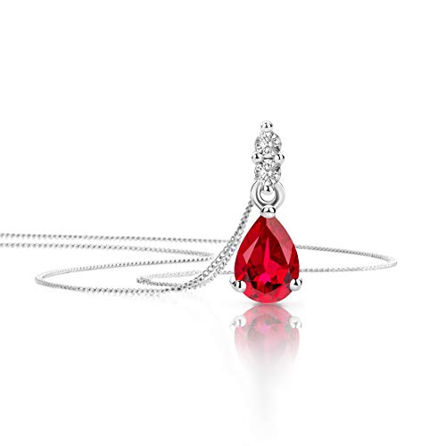 Orovi Schmuck Damen 0.06 Ct Diamant Halskette mit Tropfen Anhänger Edelstein/Geburtsstein Rubin in rot und Brillanten Kette aus Weißgold 9 Karat / 375 Gold, länge 45 cm