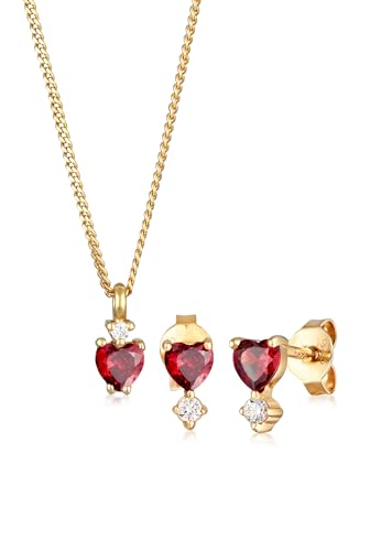 Elli Schmuckset Silber 925 Damen, Halskette mit Herz Anhänger und Ohrstecker mit Zirkonia in Rot, Goldenes Schmuck Set mit Silberkette und Ohrringe für Frauen Mädchen, Kette Länge 42 cm