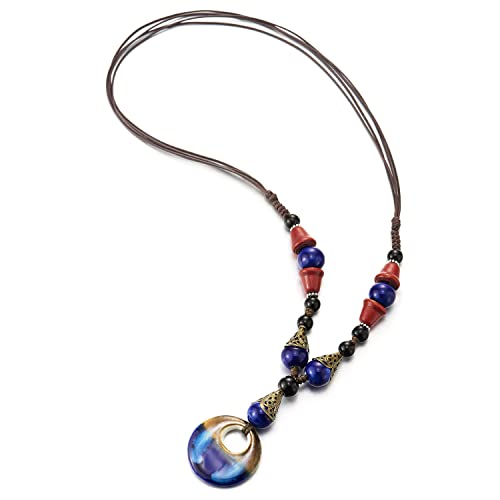 COOLSTEELANDBEYOND Boho Ethnischen Lange Statement Halskette Anhänger Holz Perlen Schwarz Blau Edelsteine Kette mit Baumelnde Ovalen Charme