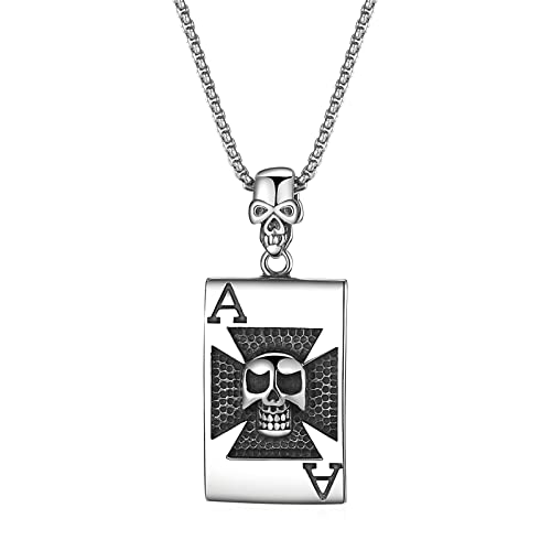 JewelryWe Schmuck Halskette Herren Gotik Totenkopf Schädel Eisernes Kreuz Spielkarte Poker Karte Edelstahl Anhänger mit Kette für Männer Jungen Schwarz Silber