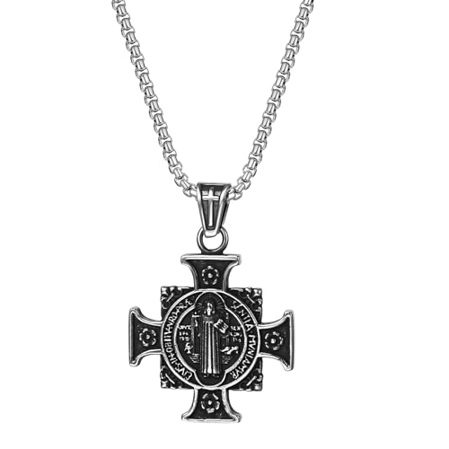 JewelryWe Benedikt Kreuz Kette Herren: Silber Edelstahl Heiliger Christophorus Erzengel Michael Schutzpatron Eisernes Kreuz Anhänger Retro St. Benedikt Halskette Religiöse Christliche Amulett Schmuck