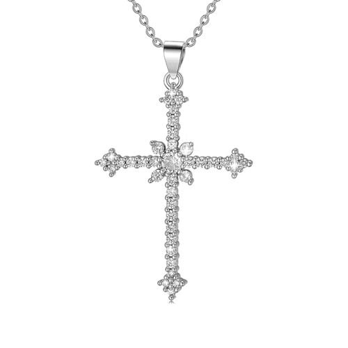 Eyezeeption Kreuz Kette Damen Silber Kette mit Kreuz Anhänger Silber Strass, Kreuzkette Silber Damen 40+5cm Edelstahl Kette Damen Silber Choker Kreuz Personalisierte Halskette für Frauen Mädchen.