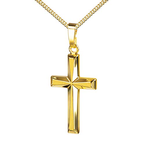 JEVELION Goldkreuz Kreuz-Anhänger für Damen, Herren und Kinder in hochglanz poliert mit 3D-Effekt als Kettenanhänger 585 Gold 14 Karat mit Panzer-Kette + Schmuck-Etui