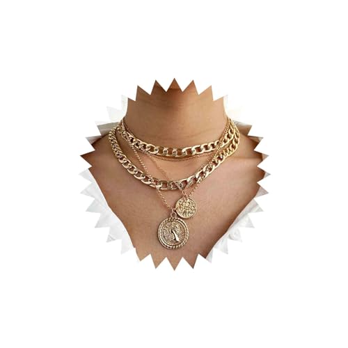 Aneneiceera Boho Multilayer Coin Halskette Vintage Gold Chunky Link Cuban Chain Choker Rock Statement Layered Coin Halskette Disc Coin Pendant Halskette Charm Schmuck für Frauen und Mädchen (Gold)