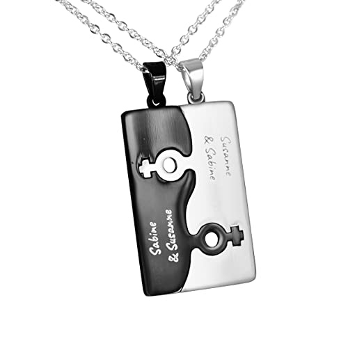 Hanessa 2 Stück Personalisierte Kette mit Gravur Edelstahl 45-60 cm - Dog Tag-hälften weiblich in silber und schwarz - Halskette für Frauen - Personalisierter Schmuck Frauen - Partnerinnen