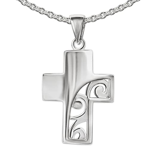 CLEVER SCHMUCK Damen Kreuzkette Anhänger breites Jugendstil-Kreuz 19 mm gewölbte elegante Form mit Schnörkel Kette Erbs Sterling Silber im Schmucketui