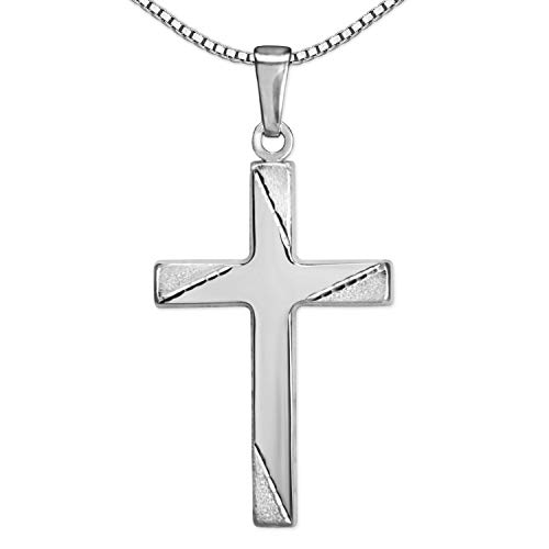 CLEVER SCHMUCK Silberne Halskette Kreuz 21 mm Kreuzenden matt 4 Zierlinien diamantiert Kette Venezia 45 cm 925 Sterling Silber 925 Kreuzkette Silberkreuz für Damen im Schmucketui