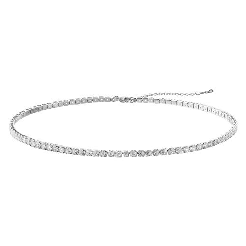 JewelryWe Tennis Halskette Damen Choker: 3mm Edelstahl Zirkonia Glitzer Halsband verstellbare dünne Tennis Choker Kette Silber Geschenk für Frau Mädchen