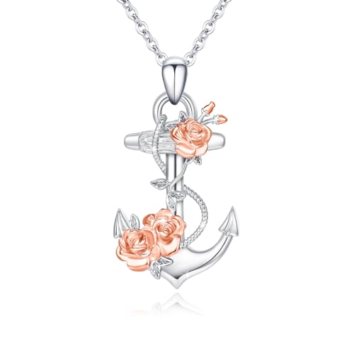 OHAYOO Anker kette für Damen 925 Silber Anker Anhänger Halskette Anker Schmuck Sets Anker Verflochten Mit Rosen Anker Halskette Schmuck für Damen