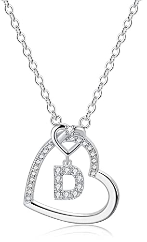 LIHELEI Damen Halskette Herz Buchstabe 925 Silber Kette Damen Personalisiere Kette, Geburtstags und Weihnachten Geschenk Für Frauen Mädchen Mama Freundin - D