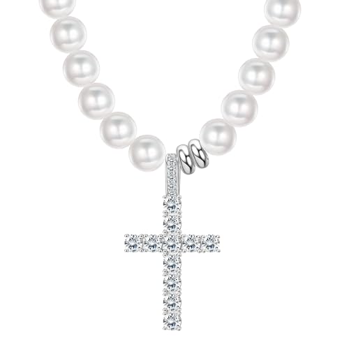 JeweBella 925 Sterling Silber Kreuz Halskette für Herren Damen 18K Weißgold Zirkonia Kreuz Anhänger mit 8mm Perlen Kette Hypoallergene Silber Kreuz Perlenkette Schmuck