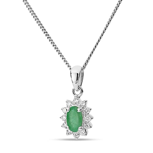 MIORE Schmuck Damen 0.07 Ct Diamant Kette mit Anhänger Blume aus Edelstein Geburtsstein natürlicher ovaler grüner Smaragd mit 12 Brillanten klassische Kette aus Weißgold 9 Karat 375 Gold, 45 cm lang