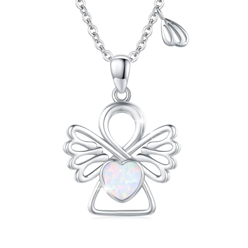 OHAYOO Schutzengel Kette Silber 925 Opal Engel Anhänger Halskette Schutzengel Opal Schmuck Engelsrufer Geschenke für Mädchen Frauen (Weiß)