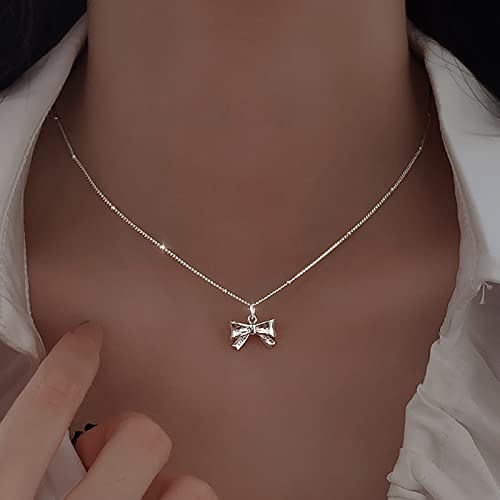 TseenYi Fliege Halskette Silber Schleife Knoten Anhänger Halskette Kleine Fliege Anhänger Halskette Winzige Perlen Kette Halskette Minimalistische Choker Halskette Kettenschmuck Für Frauen Und Mädchen