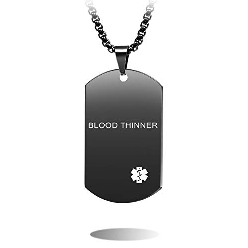 MOWOM Medical Warnen Dog Tag Anhänger Halskette Gravur Name Datum ID Edelstahl - Bundle mit 5 Artikel: Notfallkarte, Hülse, 2 Ketten, Schalldämpfer (Schwarz, Blood Thinner)