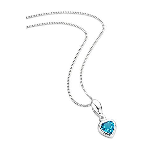 Orovi Schmuck Damen 0.01 Ct Diamant Halskette mit herz Anhänger Edelstein/Geburtsstein Topas in blau und solitär Diamant Brillant Kette aus Weißgold 9 Karat / 375 Gold, länge 45 cm