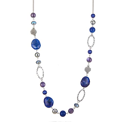 Bulinlin Silber Perplen Lang Kette für Damen Boho Statement Chain Halskette Modeschmuck Geburtstagsgeschenke für Frauen (52-Sapphire)