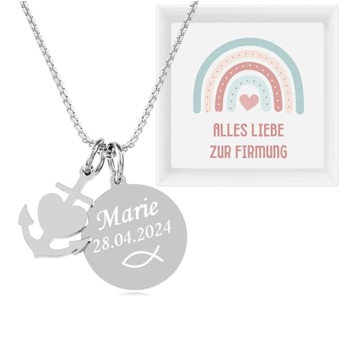 TIMANDO Damen Personalisierte Kette mit Anhänger + Botschaft im Deckel, Geschenk zur Firmung Kommunion Konfirmation Taufe, Halskette Kreuz, Herz, Fisch (Glaube Liebe Hoffnung - Firmung)