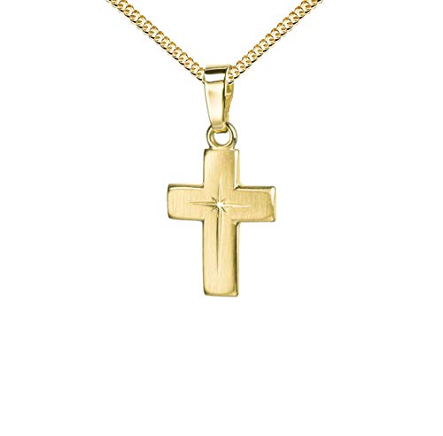 JEVELION Goldkreuz Kreuz-Anhänger für Damen, Herren und Kinder mattiertes Kreuz mit strahlenförmiger Kreuz-Gravur als Kettenanhänger 585 Gold 14 Karat mit Panzer-Kette vergoldet + Schmuck-Etui