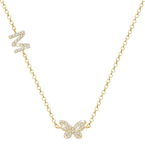 Personalisierte Kette mit Buchstaben Anhänger, Klein Schmetterling Halskette Damen Gold Statement Kette Damen mit Bling Zirkonia Choker Kette Gold, Geschenke für Frauen (M)