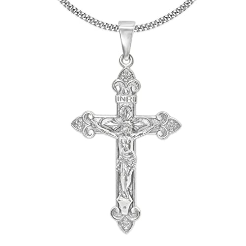 CLEVER SCHMUCK Set Silberner Anhänger großes INRI Kreuz 42 x 22 mm mit Jesus barockstil glänzend & Kette Panzer 50 cm lang Sterling Silber 925