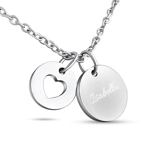 Hanessa Personalisierte Kette mit Gravur Edelstahl 50 cm mit Anhänger Herz rund in silber - Personalisierte Halskette für Frauen - Personalisierter Schmuck Damen Kettenanhänger