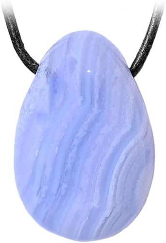 Kaltner Präsente Edelstein Halskette mit Anhänger/Chalcedon Blau/Lederband mit gebohrtem Trommelstein Tropfen Anhänger/Hochwertiger Edelsteinanhänger/Edelsteinkette für Damen und Herren