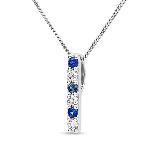 Miore Schmuck Damen 0.07 Ct Diamant Halskette mit Stab Kettenanhänger Edelstein Geburtsstein 3 natürliche runde blaue Saphire und 3 Diamanten Brillanten Kette aus Weißgold 9 Karat 375 Gold, 45 cm lang