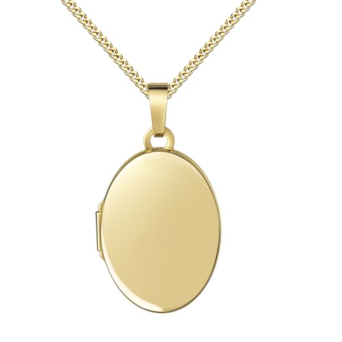 Goldmedaillon Kleines Medaillon zum Öffnen Anhänger für 2 Bilder 585 Gold /14 Karat 14K / Bilder Amulett oval mit Kette und Schmuck-Etui Mit Amulettkette 925 Silber vergoldet - Kettenlänge 45 cm.