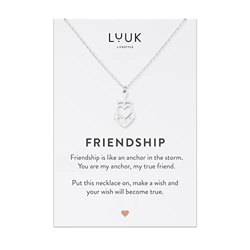 LUUK LIFESTYLE Edelstahl Kette mit Anhänger und Friendship Spruchkarte, Glücksbringer, Geschenk für die beste Freundin, trendy & filigran, Halskette mit Herz I Anker, silber