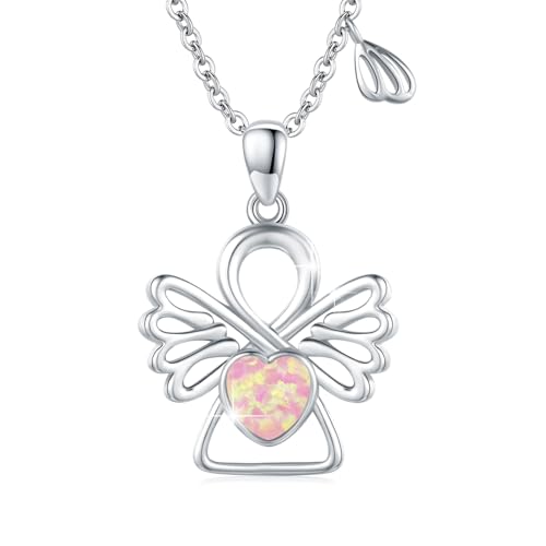 OHAYOO Schutzengel Kette Silber 925 Opal Engel Anhänger Halskette Schutzengel Opal Schmuck Engelsrufer Geschenke für Mädchen Frauen (Rosa)