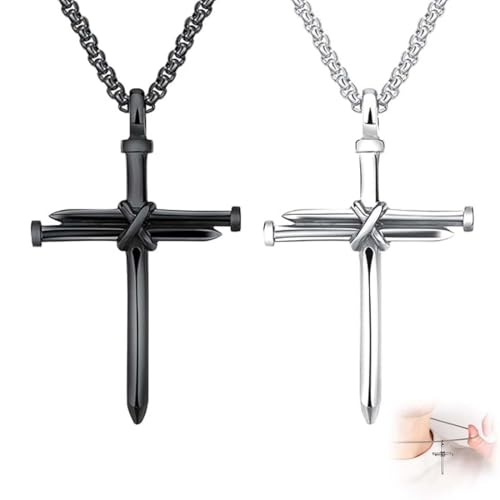 Kreuz Halskette für Herren, 2 Stück Kreuz Kette Herren Schwarz/Silber Kette mit Kreuz Anhänger Kette Schmuck Herren, Kreuzkette Herren Kreuz kette, Kreuz Halskette für Herren, Schmuck Edelstahl