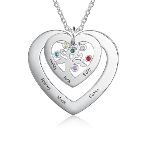 LONAGO Personalisierter Lebensbaum Halskette 925 Sterling Silber Individuell Gravierte Familien Namen Anhänger Halskette für Damen (Weißgold)