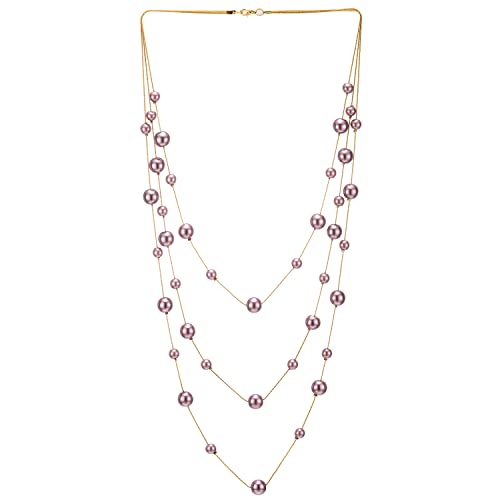 COOLSTEELANDBEYOND Gold Statement Halskette Drei Stränge Lange Kette mit Pink Lila Synthetische Perle Perlen Anhänger, Abendkleid Elegante