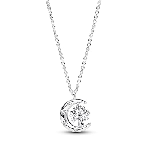 PANDORA Timeless Mond & drehender Lebensbaum Anhänger Halskette aus Sterling Silber mit Zirkonia Steinen, Größe 50cm, 392992C01-50