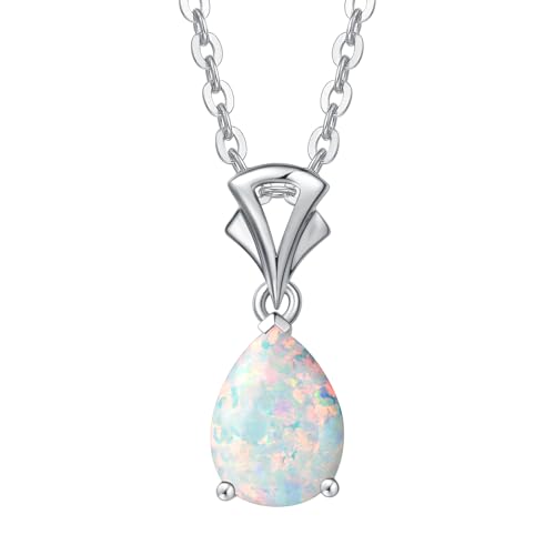 FANCIME Solide 14 Karat 585 Weiß Gold Tropfen Anhänger mit Synthetisch Opal aus 925 Sterling Silber Kette Minimalist Halskette Schmuck für Damen Mädchen mit Geschenk Box - Kettenlänge: 40 + 5 cm