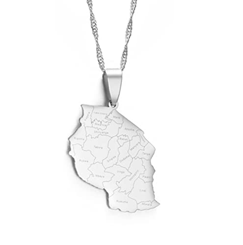 Tansania Karten-Halskette Für Unisex-Schmuck, Tansanier-Karten-Anhänger Mit Stadtnamen, Partykleid, Accessoires, Ethno-Stil, Charm-Patriotisches Symbol, Halskette, Geschenk, Silber, 60 Cm Kette