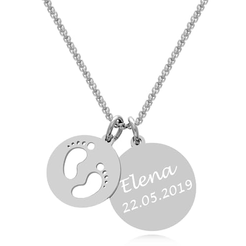 TIMANDO Damen Personalisierte Kette mit Gravur für Mütter, Namenskette mit Babyfüße Anhänger, Halskette mit Kindernamen zur Geburt, Geschenk für Mama