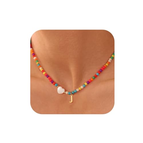 TINGN Bunte Perlenkette, Perlenkette Bunt, Perlenkette Damen, Boho Kette, Halskette Mädchen, Kette Mädchen, Geschenke Zur Geburt für Mädchen,Geschenke Beste Freundin Geburtstag,Kette Mit J Buchstaben