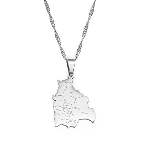 Bolivien-Karten-Halskette Für Unisex-Schmuck, Bolivianer-Karten-Anhänger Mit Stadtnamen, Partykleid, Accessoires Im Ethno-Stil, Charm-Patriotisches Symbol-Halsketten-Geschenk, Silber, 45 Cm Kette