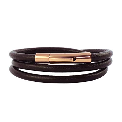 König Design Lederkette Lederband Leder-Armband 4 mm Herren Halskette Braun 45 cm lang mit Hebeldruck Verschluss Rose Gold Rund